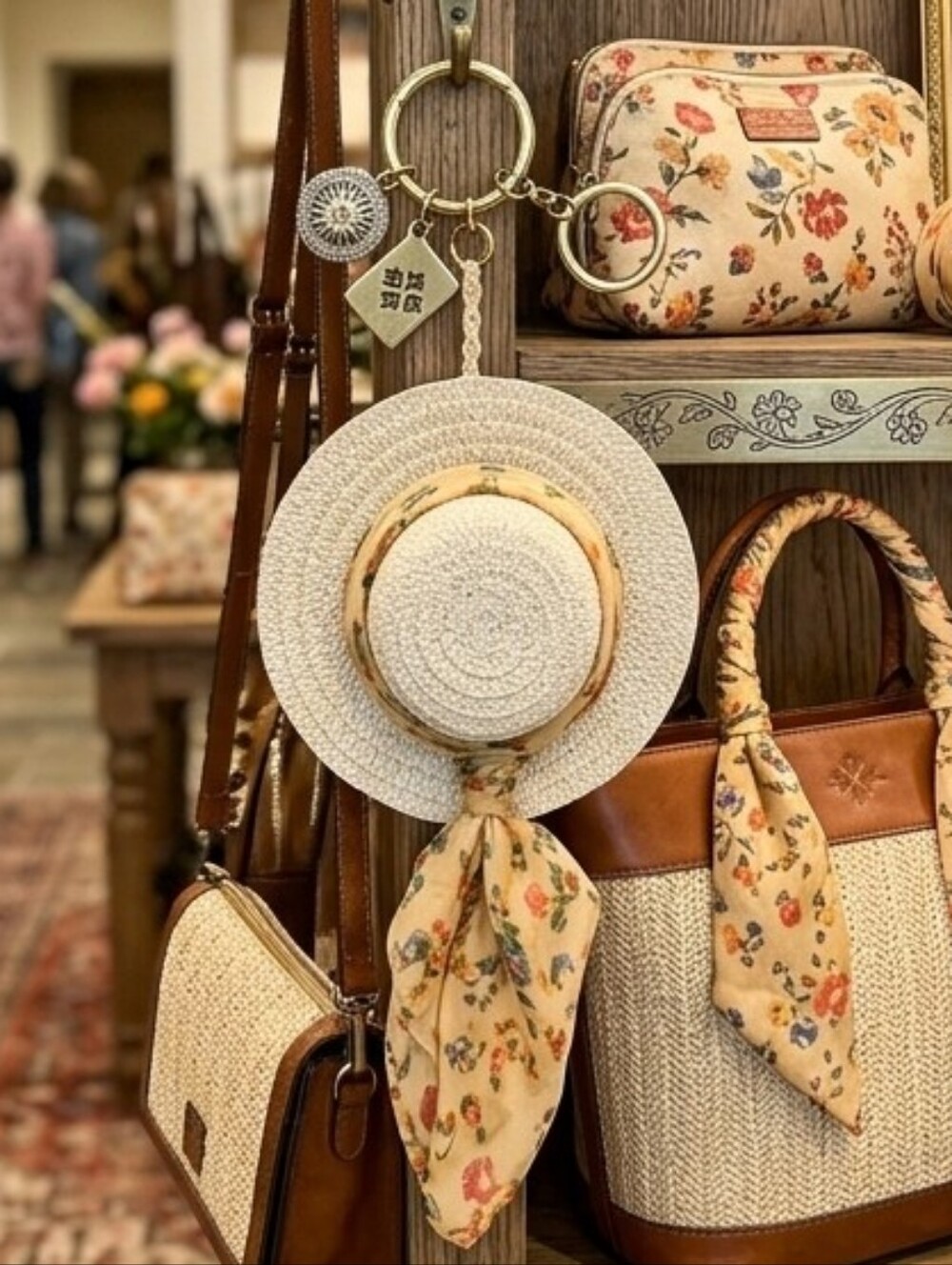 Patricia Nash Straw Hat with Floral Scarf Bag Charm - NWT